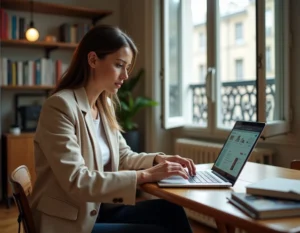 Femme consultant une plateforme immobilière en ligne depuis un appartement haussmannien à Paris