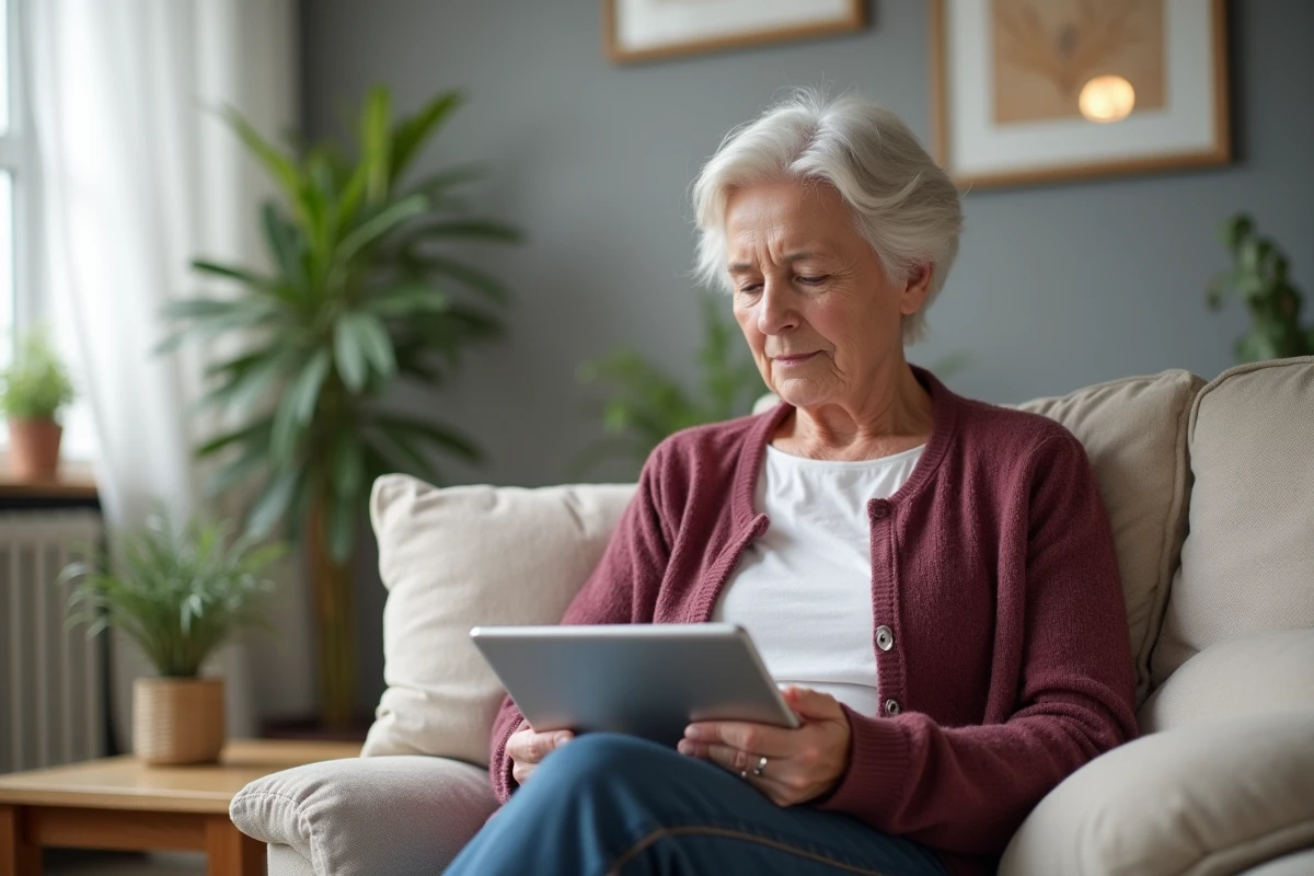 Femme âgée utilisant une tablette pour récupérer l'accès à son compte Camieg depuis son salon