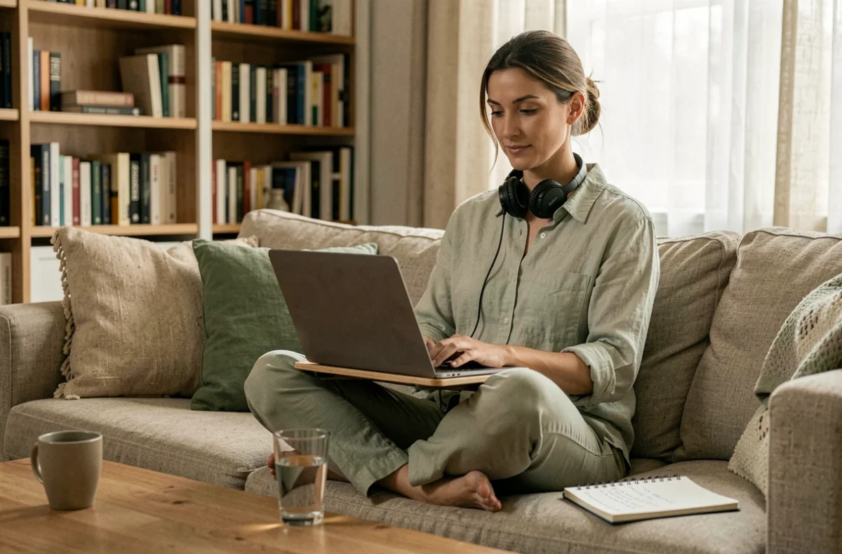 Femme en télétravail détendue sur un canapé avec un ordinateur portable et un carnet de notes dans un salon cosy et bien organisé
