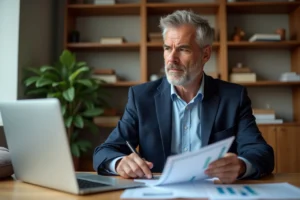 Homme d'affaires expérimenté analysant des documents financiers pour optimiser la gestion de son patrimoine dans un bureau moderne