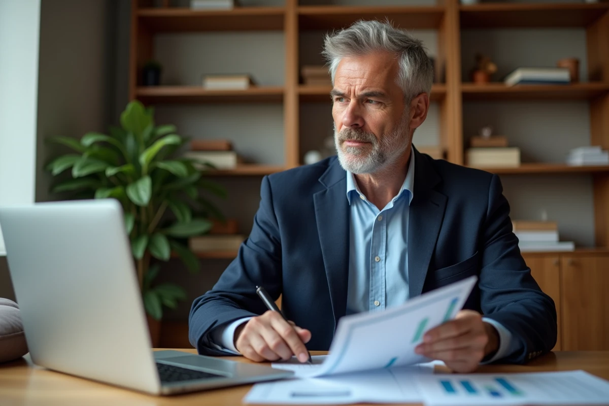 Homme d'affaires expérimenté analysant des documents financiers pour optimiser la gestion de son patrimoine dans un bureau moderne
