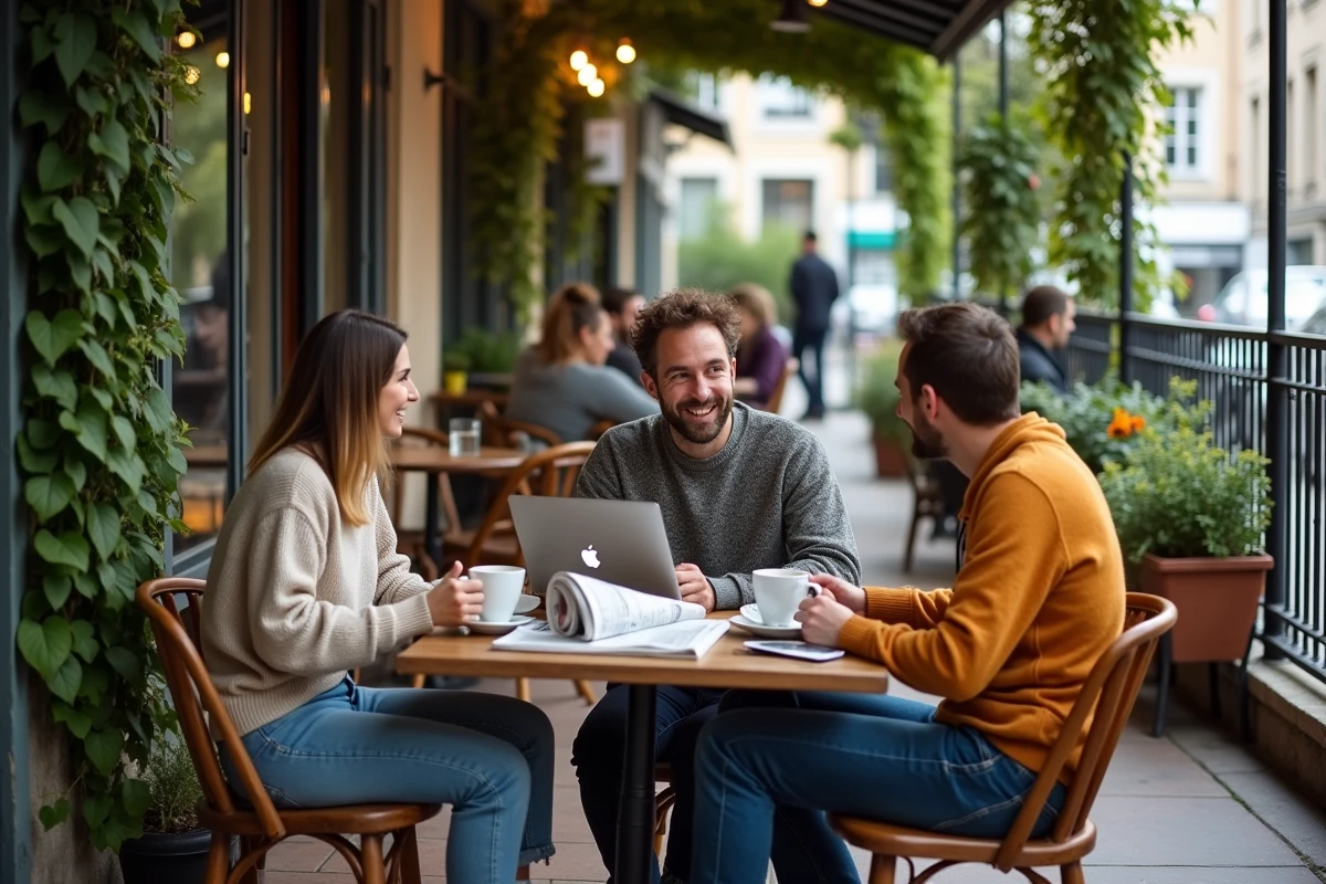 Groupe d'amis discutant des actualités et événements de Rennes autour d'un café en terrasse