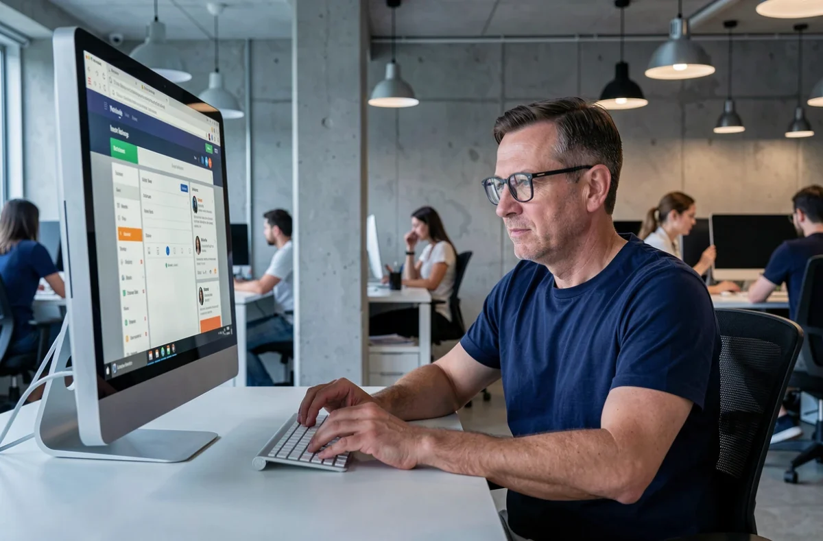 Homme analysant une plateforme en ligne méconnue sur un ordinateur de bureau dans un open space moderne