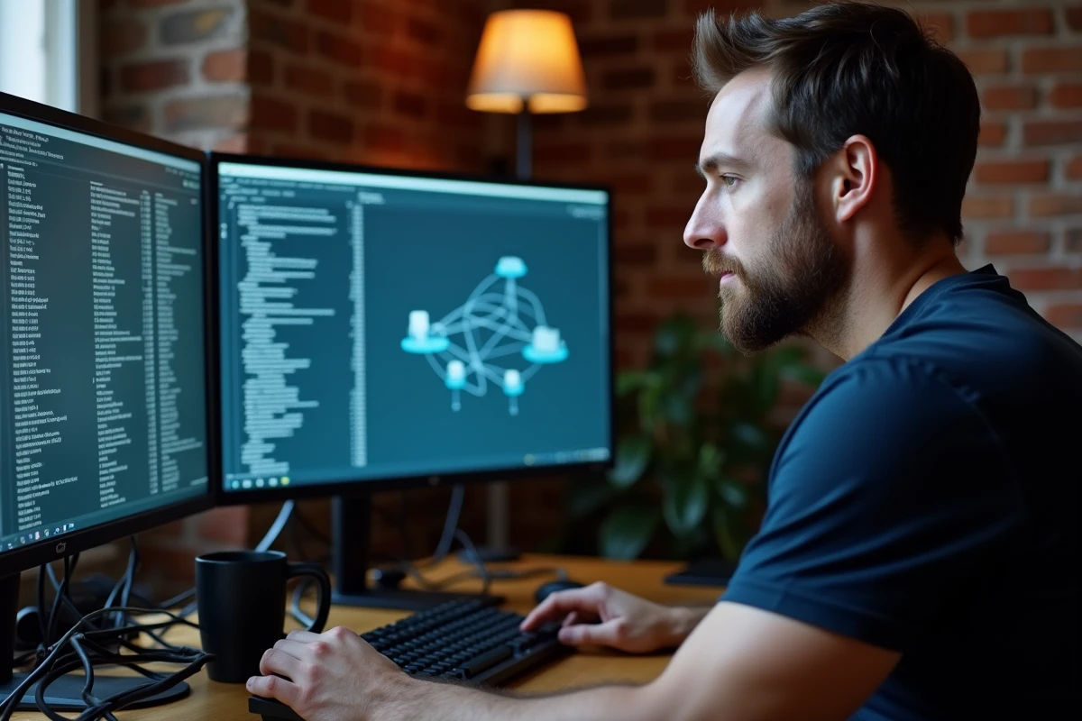 Homme concentré devant plusieurs écrans affichant des adresses de serveurs eMule dans un bureau à domicile