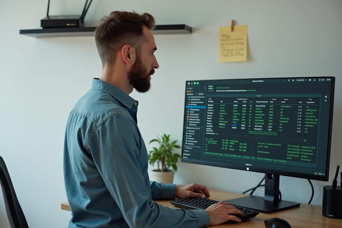 Homme debout configurant des paramètres de connexion à des serveurs eMule fiables sur un grand écran de bureau