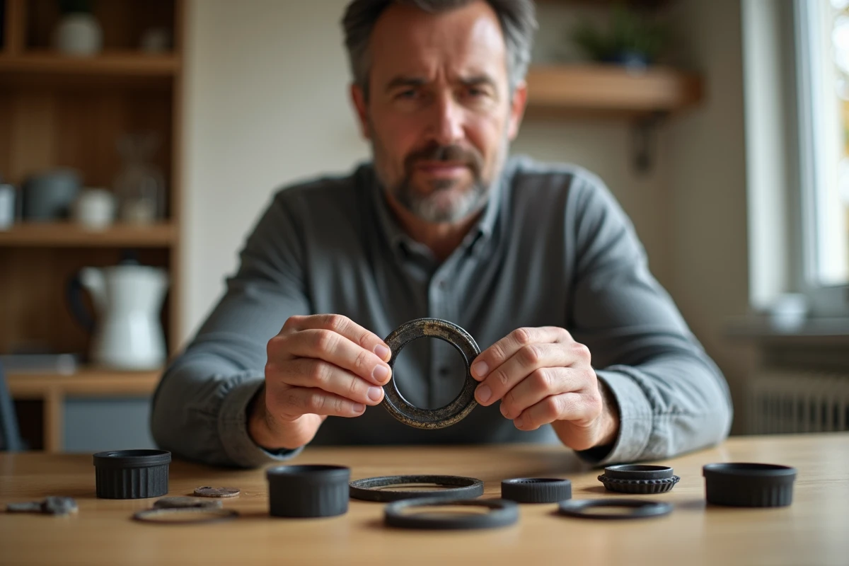Homme inspecte le joint usé et noirci d'une cafetière moka démontée sur une table en bois, évaluant les risques d'utilisation