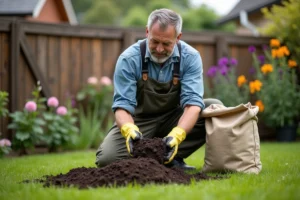 Homme d'âge moyen en vêtements de jardinage examine la terre