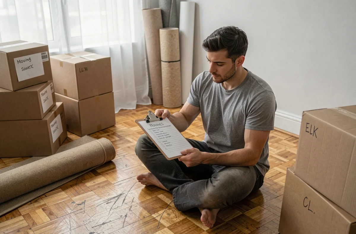 Jeune homme consultant une liste de contrôle pour organiser son déménagement dans un appartement vide entouré de cartons étiquetés
