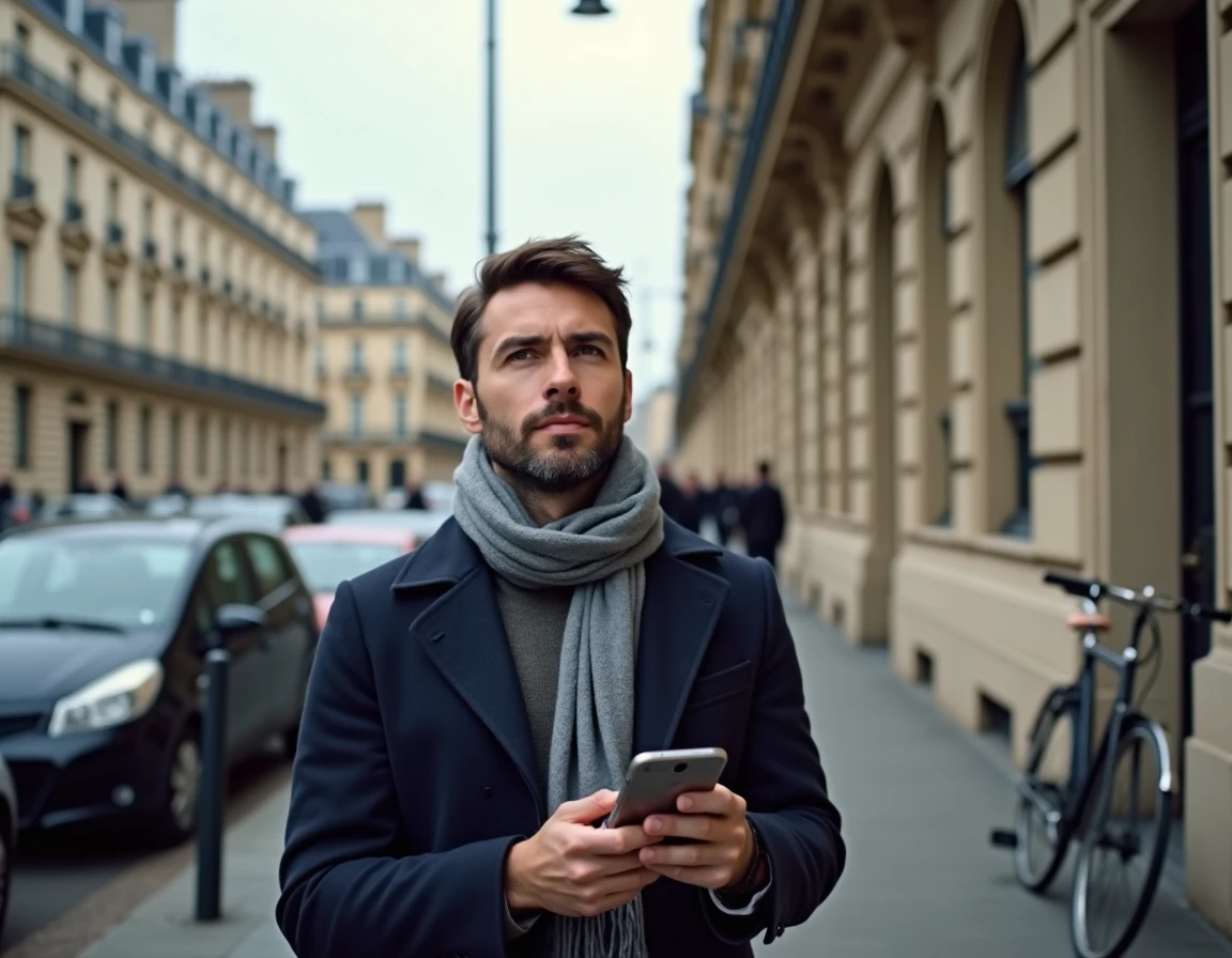 Homme recherchant un bien immobilier sur smartphone devant un immeuble haussmannien à Paris