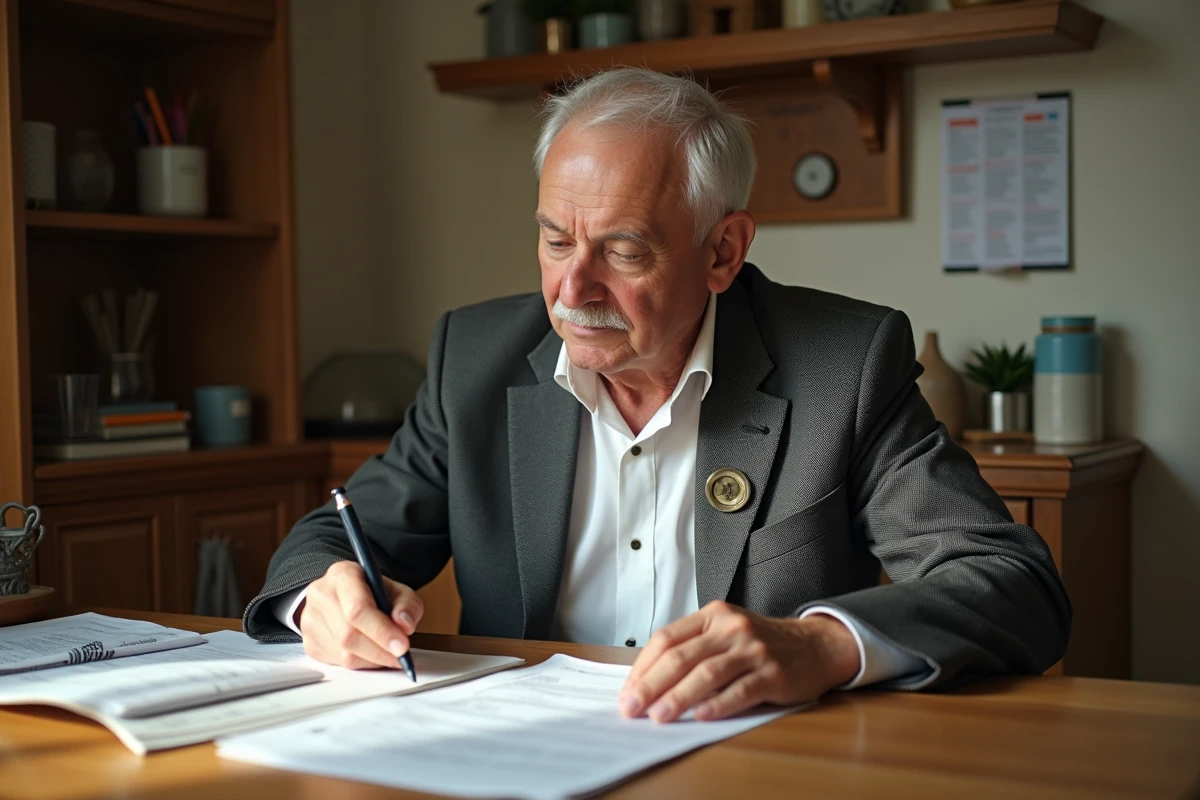 Homme âgé vérifiant un document fiscal à la maison