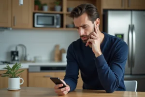 Homme en cuisine regardant son smartphone avec souci