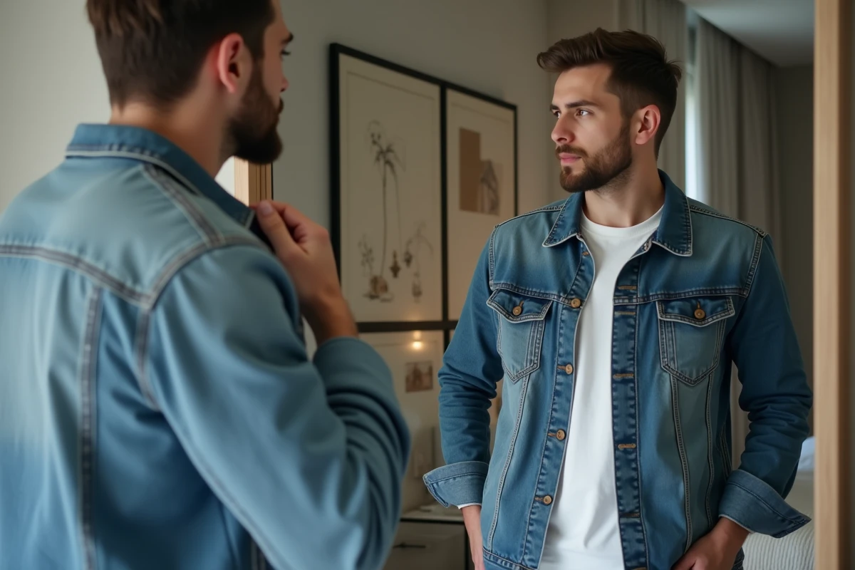 Jeune homme examine ses vêtements en miroir dans une chambre