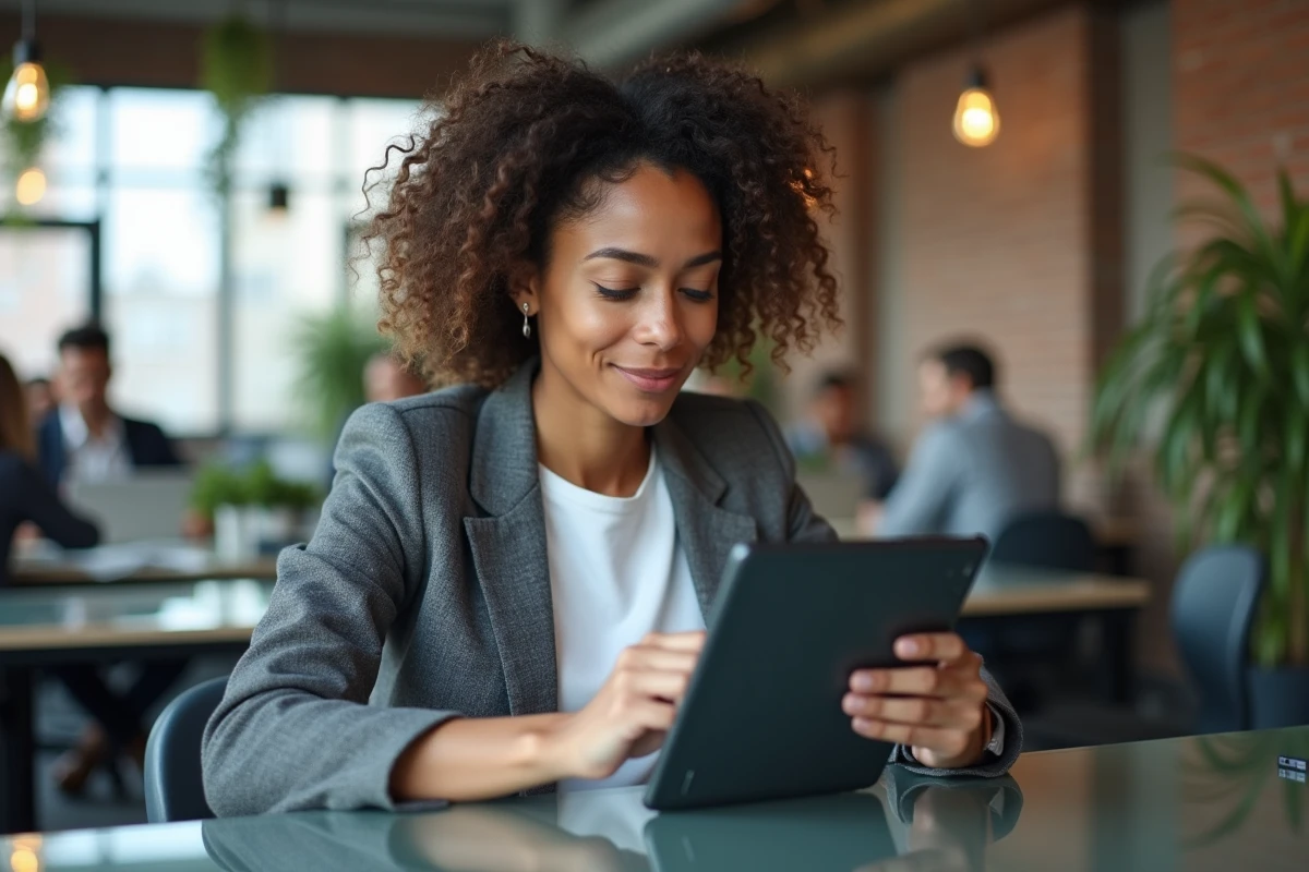 Femme investisseuse novice utilisant une application de trading boursier sur tablette dans un espace de coworking