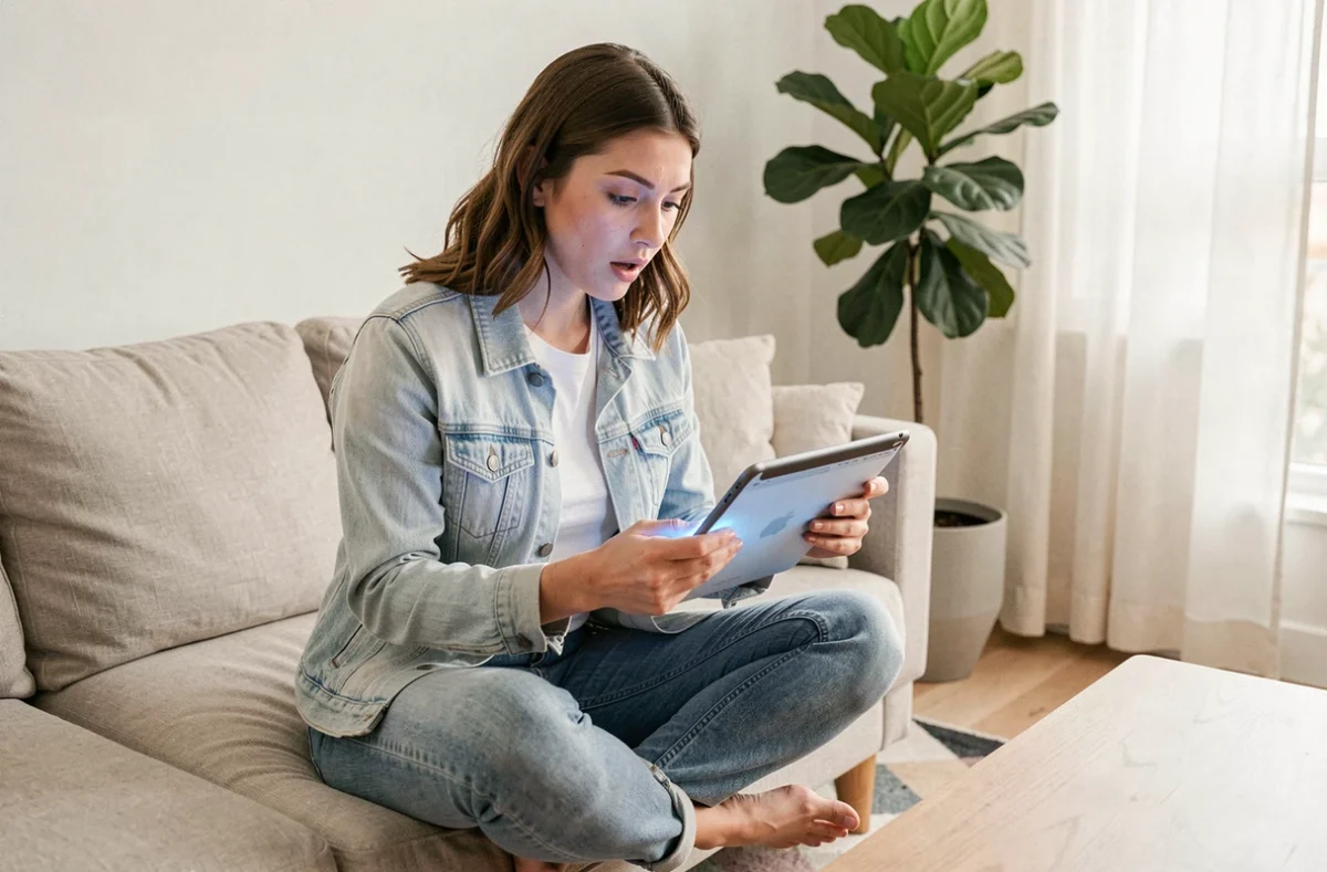 Jeune femme découvrant un site web méconnu sur une tablette dans un salon de style scandinave
