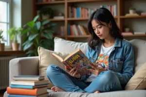Jeune femme lisant un manga dans un salon cosy
