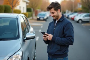Jeune homme avec smartphone à côté d'une voiture d'occasion