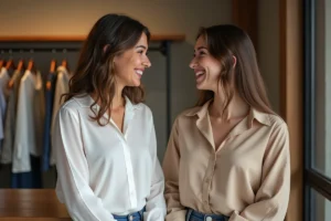 Deux jeunes femmes souriantes dans une boutique urbaine