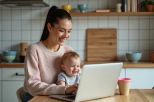 Femme avec enfant dans la cuisine chaleureuse et organisée
