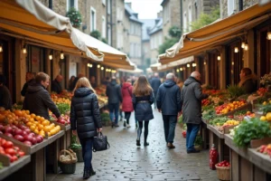 Marché en plein air animé sur une place historique de Rennes avec étals de légumes et fleurs fraîches