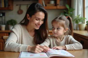 Mère accompagnant sa fille dans ses devoirs à la table de cuisine, moment de complicité parentale au quotidien