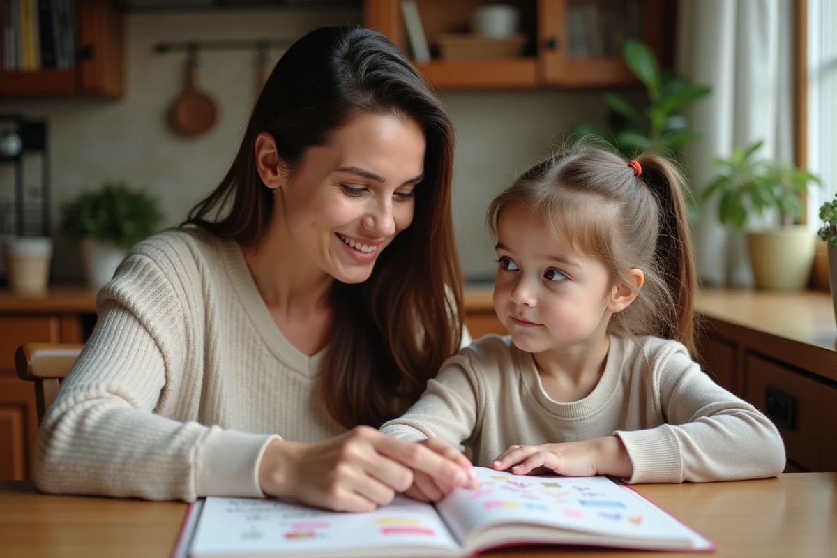 Mère accompagnant sa fille dans ses devoirs à la table de cuisine, moment de complicité parentale au quotidien