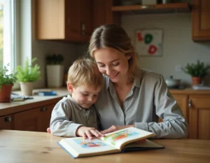 Mère et fils lisant ensemble un livre illustré à la table de la cuisine, moment de complicité familiale au quotidien
