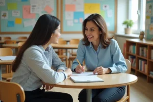 Mère impliquée dans la vie scolaire lors d'une réunion avec l'enseignante de son enfant en classe primaire