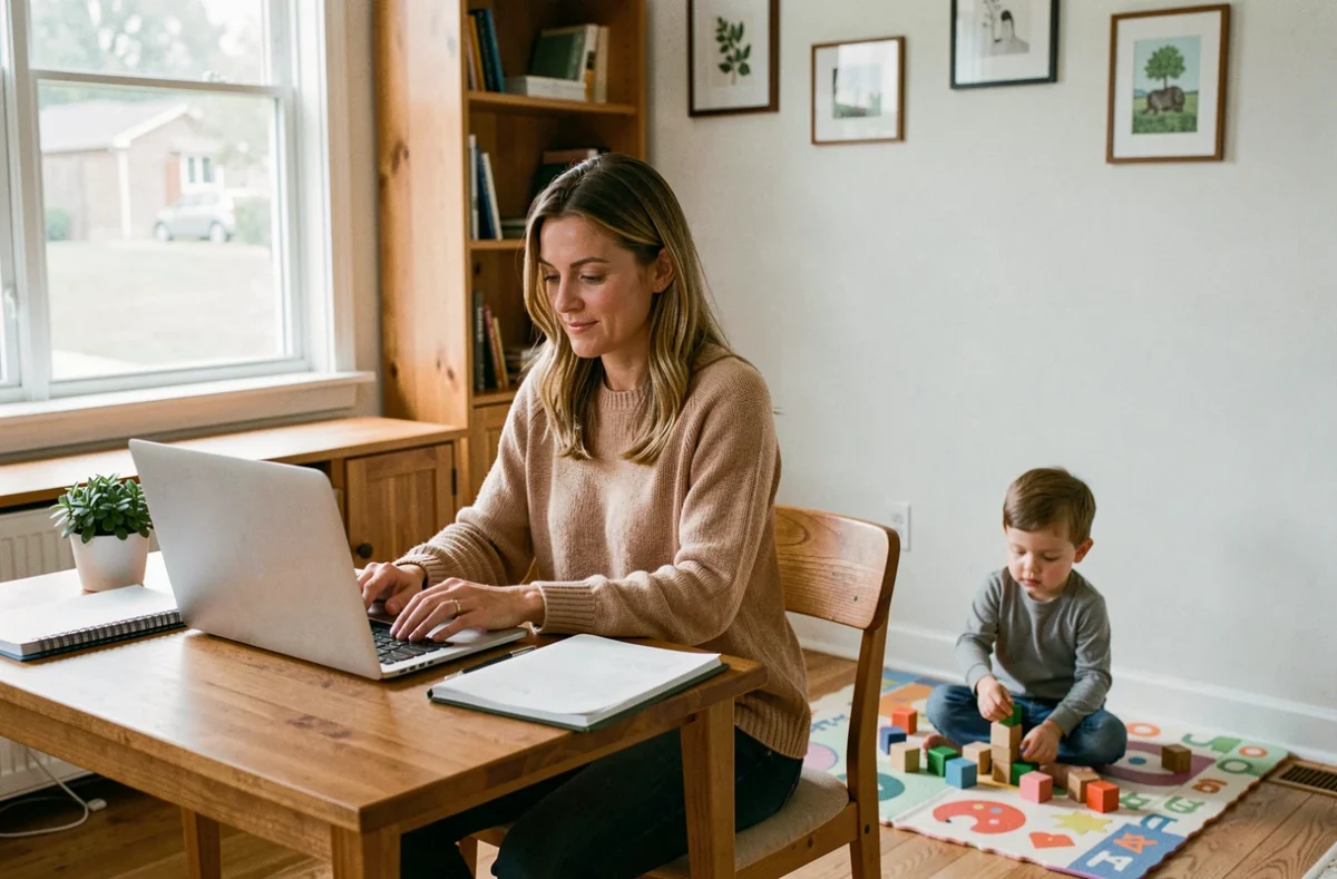 Mère en télétravail à son bureau en bois pendant que son enfant joue derrière elle dans un espace domestique chaleureux et organisé