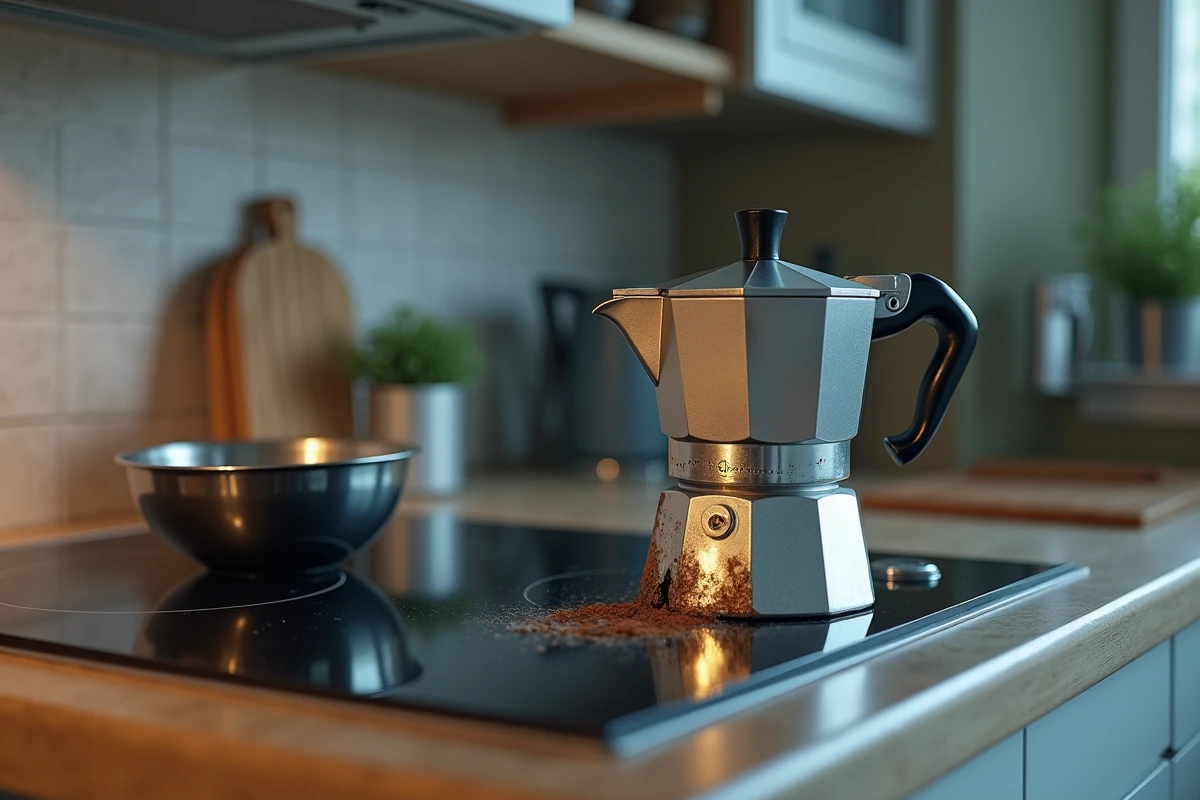 Cafetière moka en aluminium déformée et brûlée posée sur un plan de travail de cuisine, montrant les dégâts causés par une mauvaise utilisation sur une plaque induction