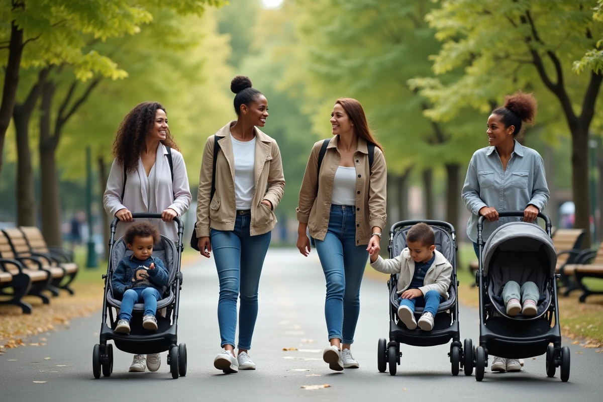 Groupe de mères souriantes dans un parc urbain verdoyant