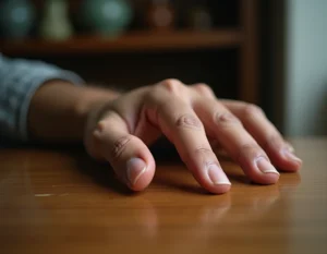 Gros plan d'une main d'homme avec l'ongle du petit doigt long, posée sur une table en bois rustique, symbolisant les traditions culturelles