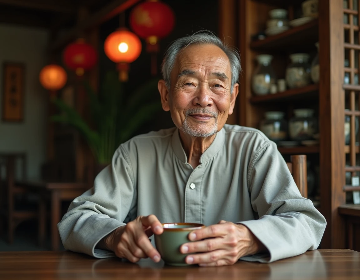 Homme âgé asiatique dans un salon de thé traditionnel tenant une tasse, avec l'ongle du petit doigt long, évoquant les croyances culturelles chinoises