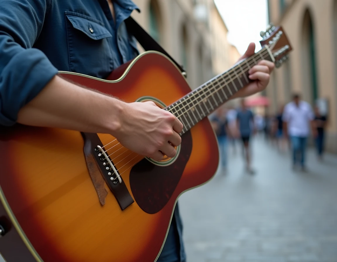 Jeune musicien latino-américain jouant de la guitare en plein air avec l'ongle du petit doigt long, illustrant les usages culturels et pratiques de cet ongle
