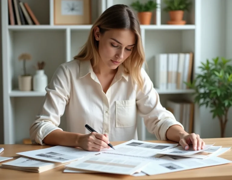 Femme organisant des planches de tendances décoration intérieure dans un bureau maison soigneusement rangé