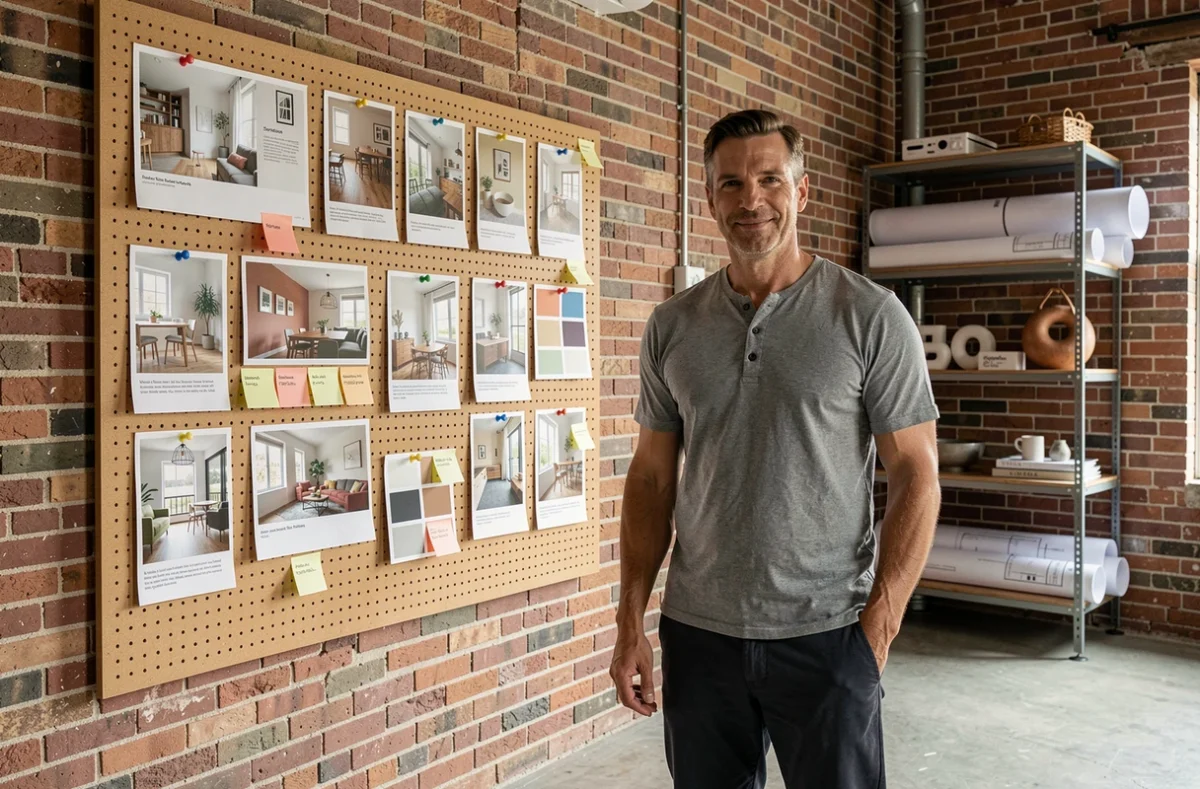 Designer organisateur de contenu habitat devant un grand tableau de références décoration sur mur en brique