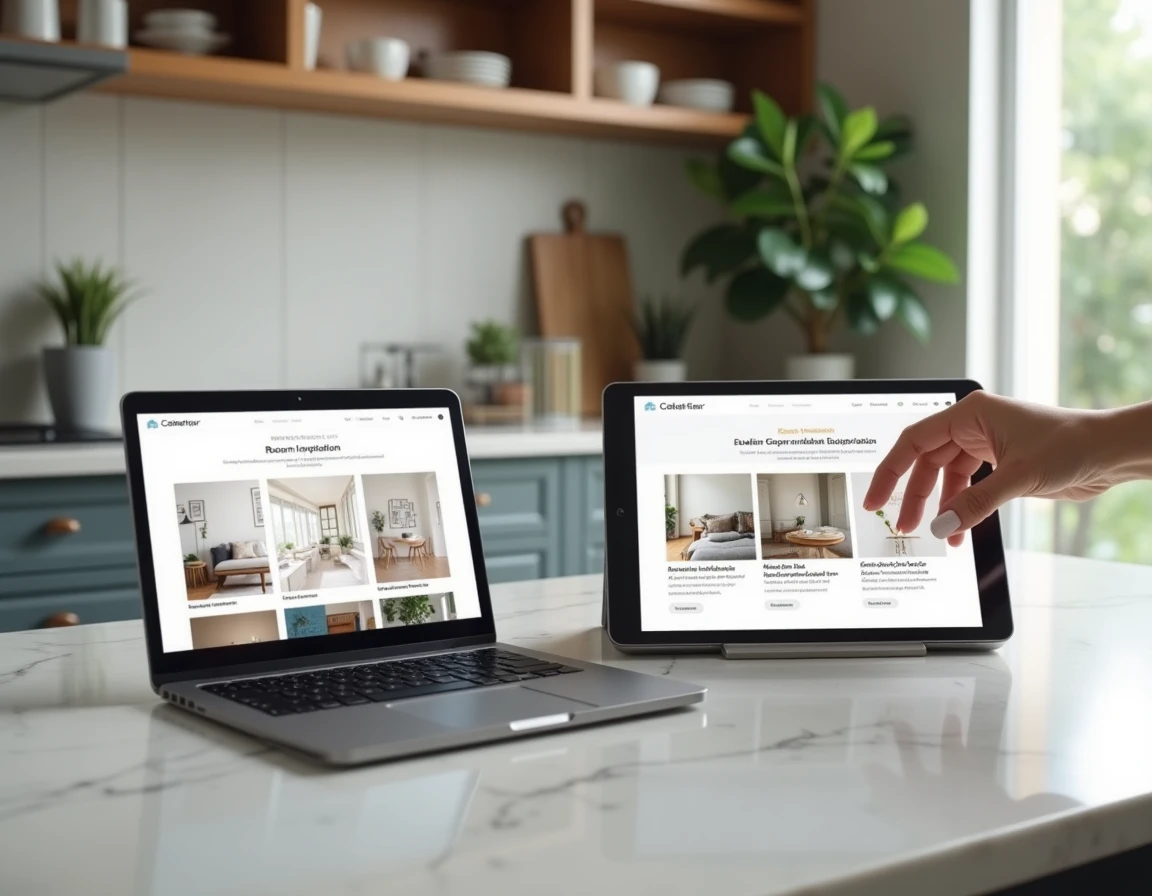 Organisation du contenu d'un site web dédié à la décoration intérieure sur laptop et tablette posés sur marbre