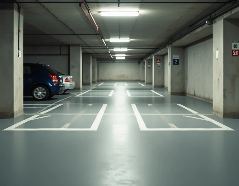 Parking souterrain en copropriété avec places délimitées et piliers en béton