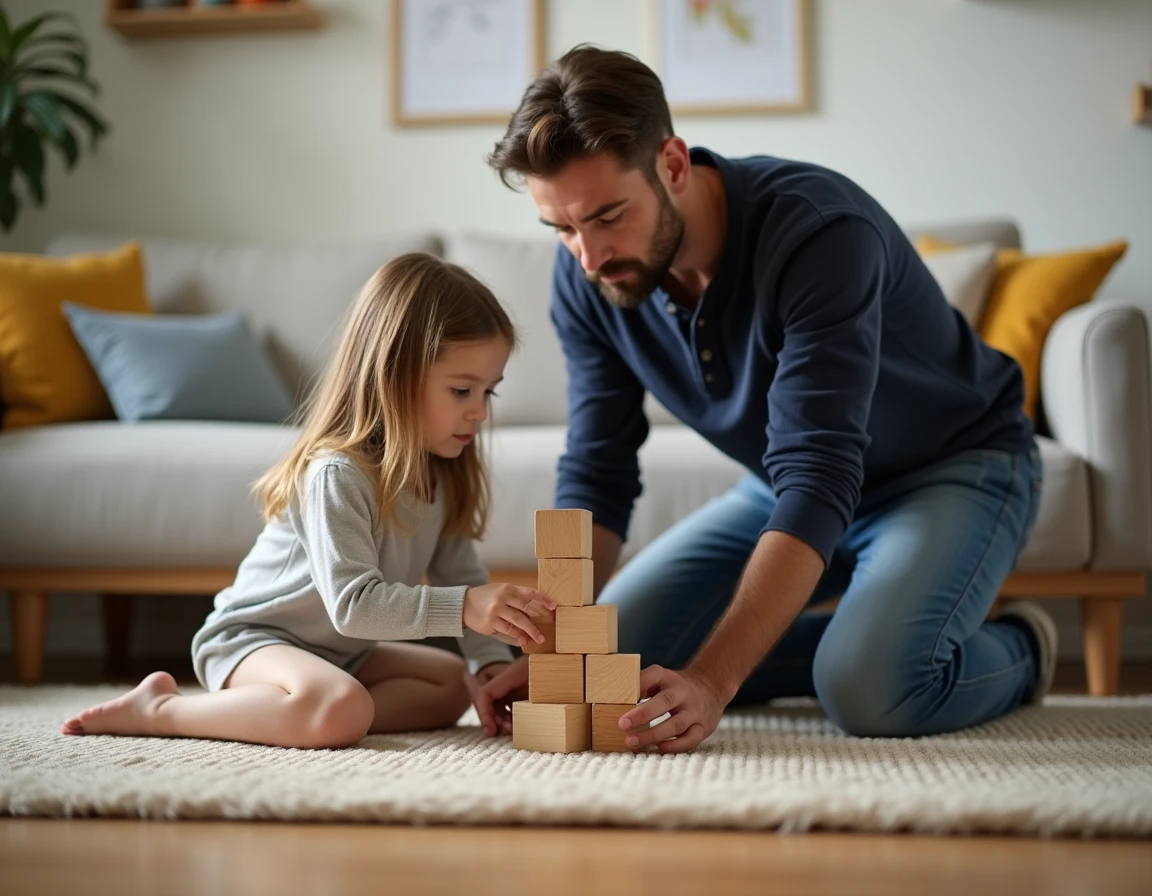 Père aidant sa fille à construire une tour de cubes en bois sur le sol du salon, activité parentale bienveillante
