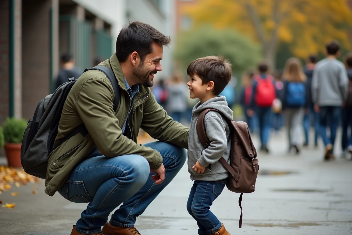 Père qui récupère son fils à la sortie de l'école et s'implique dans son quotidien scolaire