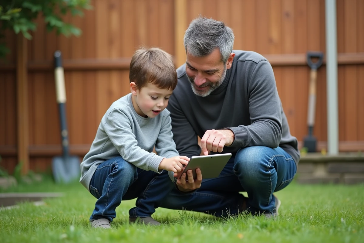 Père et fils explorant ensemble une application éducative sur tablette dans le jardin, parentalité numérique moderne