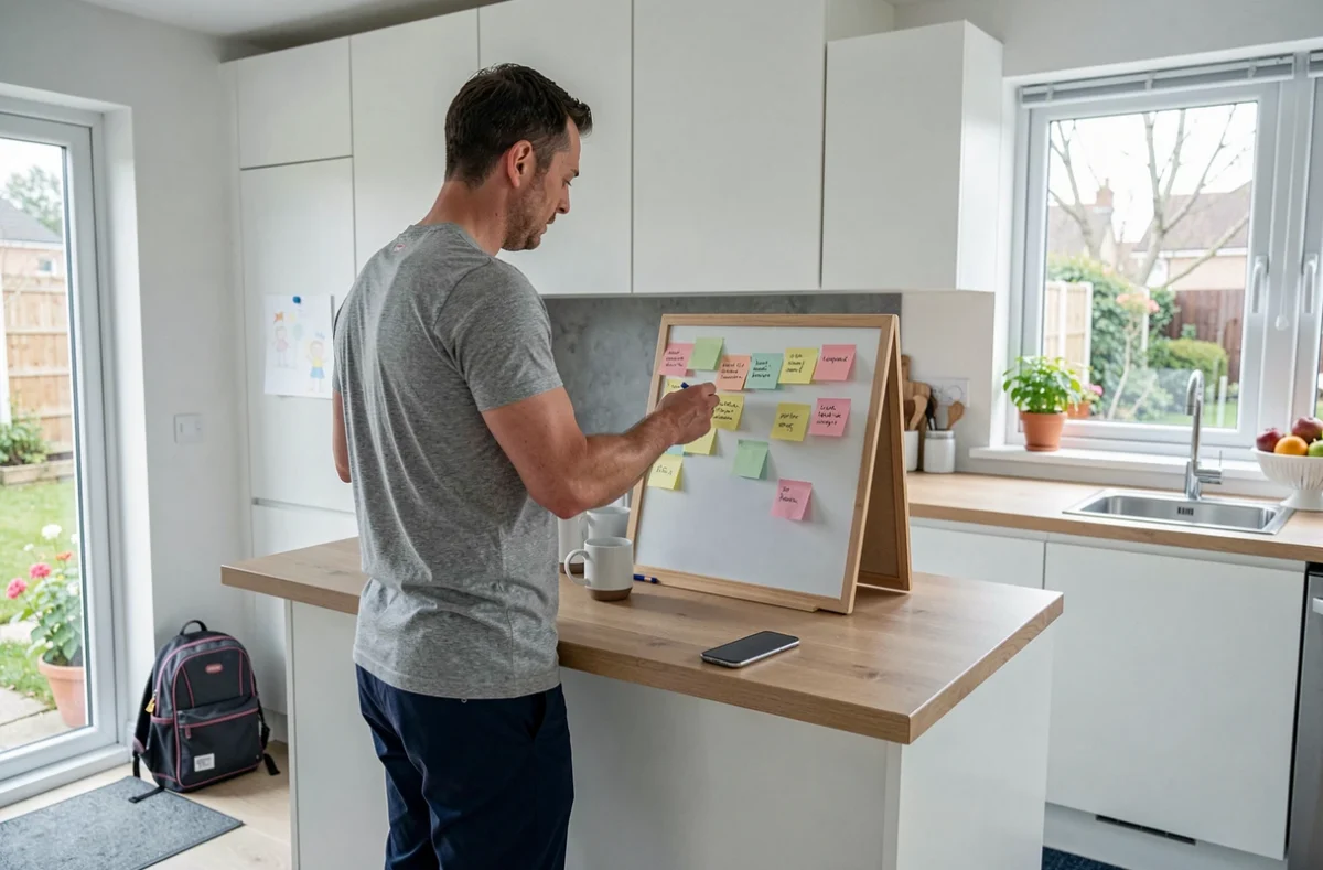 Père en télétravail debout à l'îlot de cuisine avec un tableau de notes dans un intérieur scandinave organisé
