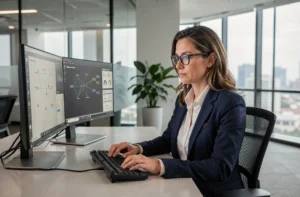 Professionnelle en cybersécurité analysant des données sur des écrans dans un bureau moderne d'entreprise