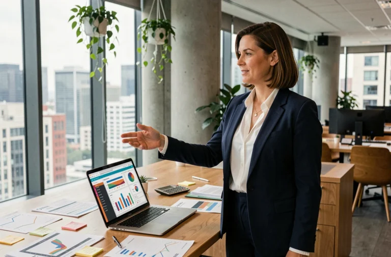 Professionnelle du marketing analysant des tableaux de bord numériques dans un bureau moderne ouvert, illustrant les nouvelles tendances du marketing digital