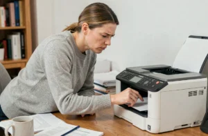 Femme réinitialisant une imprimante Canon Pixma dans un bureau à domicile