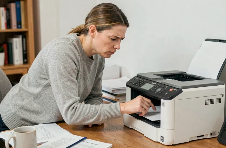 Femme réinitialisant une imprimante Canon Pixma dans un bureau à domicile