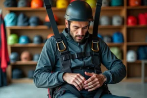 Pilote parapente équipé d'une sellette Nervures AirTrek 2 dans un magasin de matériel, examinant les réglages et les sangles