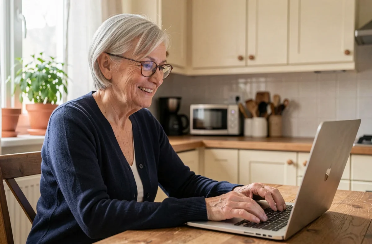 Une femme senior souriante utilisant un ordinateur portable dans sa cuisine, illustrant l'accès à Internet pour les personnes âgées