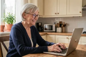 Une femme senior souriante utilisant un ordinateur portable dans sa cuisine, illustrant l'accès à Internet pour les personnes âgées