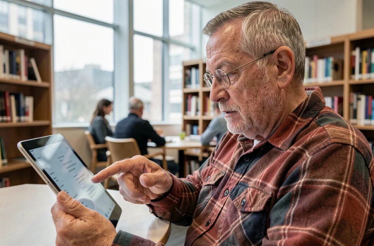 Un homme senior concentré utilisant une tablette numérique dans une bibliothèque publique, symbolisant l'apprentissage d'Internet à tout âge