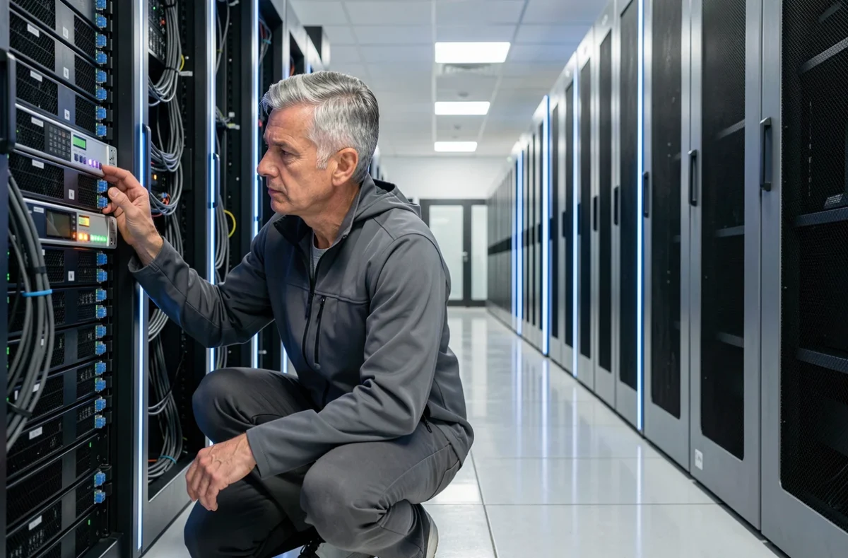 Technicien IT inspectant des serveurs dans un centre de données sécurisé pour une entreprise